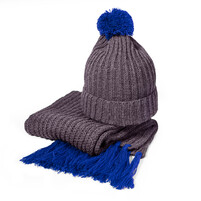 GoSnow, вязаный комплект шарф и шапка, антрацит c фурнитурой синий